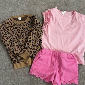 Crewcuts Girls Pink Tee, Hot Pink Scallop Shorts & Leopard Print Sweater